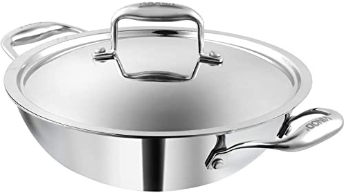 Vinod Kadai Wok Saucepan, Stainless Steel, Triple Layer, 18 cm Thick with Stainless Steel lid, 1.1 L