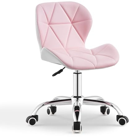 CLIPOP Bürostuhl ohne Armlehne, Drehstuhl 360°, Schreibtischstuhl mit Rollen, höhenverstellbar, bis 120 Kg belastbar, für Arbeitszimmer, Schlafzimmer, Homeoffice, Schminkbereich, Rosa+Weiß