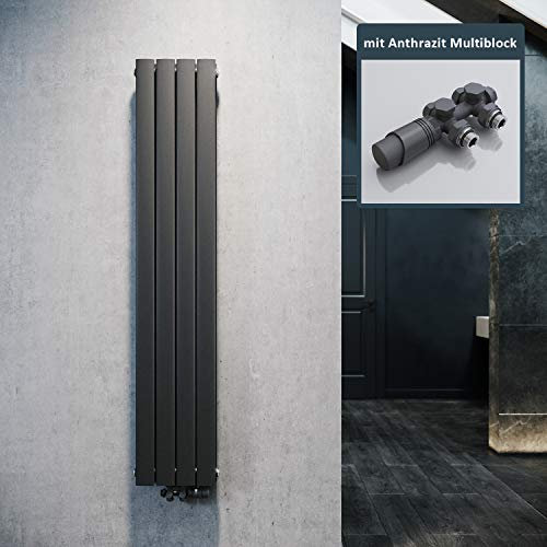 ELEGANT Radiatore di design piatto, 1600 x 308 mm, con termostato multiblocco antracite, a doppio strato, verticale, collegamento centrale