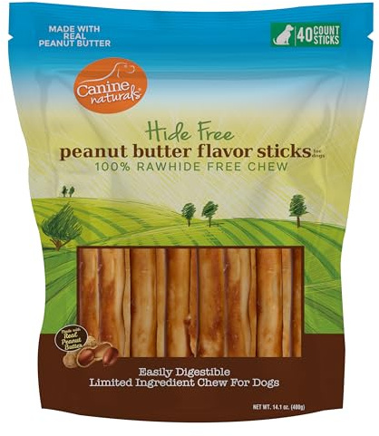 Canine Naturals Rawhide Free Peanut Butter Dog Chews, Sticks, 40 Count