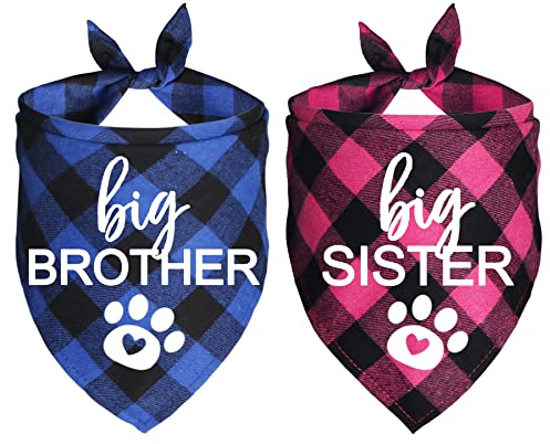JOTFA Big Brother Big Sister Dog Bandana, Plaid Schwangerschaftsankündigung Hundehalstücher für Hunde (blau und rosa, großer Bruder und große Schwester)