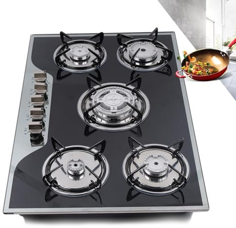 Hornillo de gas de 5 fuegos, acero inoxidable, empotrable, 77 x 51 cm, cocina de gas para gas licuado y gas natural, placa de cocción para casa y caravana (encendido de batería)