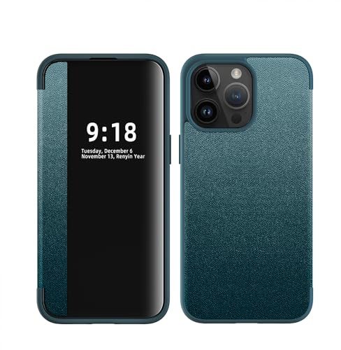 ZORSOME Schutzhülle für iPhone 15 Pro Max, Smart Clear View, ultradünn, Leder, Flip Schutzhülle für iPhone 15 Pro Max, Grün