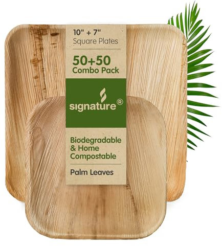 Signature Packaging - Disposable Palm Leaf Plates - 10 and 7 (100 Combo Pack) - Sturdy, Square Party Plates