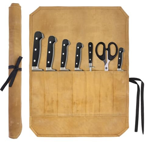 Minicoco Chefs Knife Roll Bag 7 Slots Waxed Canvas Chef Knife Roll Bag, Portable Knife Case Suitable for Chefs Cooks BBQ Hiking Camping（Khaki）