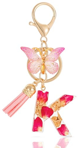 MWOOT Letter Keychains Initiale Porte Clef Lettre K,Alphabet Initial Keyring avec Papillon Pendentif,Rose Pétales Feuille D'or Key Ring pour Femmes Filles Portefeuilles Sac à Main Charme(K)