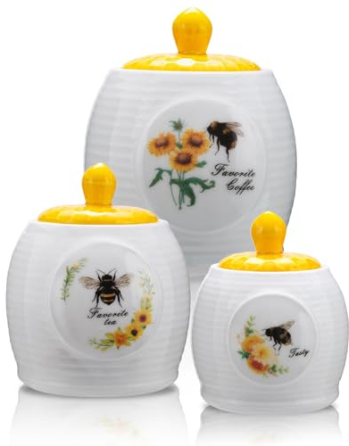 Prefdo Kitchen Storage Canisters Honey Bee & Flower Pattern Ceramic Tea Coffee Sugar Canisters Set Storage Jar with Airtight Lid for Home Modern Kitchen, Set of 3