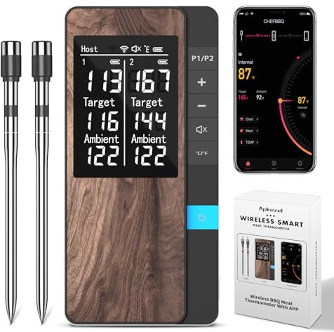 Termometro Cocina, Apkezel Termometro Digital Cocina Inalámbrico con Aplicación, IP67 a Prueba de Agua Meat Thermometer Con Sondas Duales, Termometro Carne para BBQ, Horno, Grill, Cocina, Asador