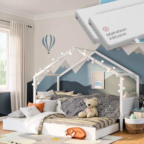 Bellabino Bela Kinderbett 90x200 cm, mit Gästebett, Hausbett, Weiß | mit Matratze, Rausfallschutz & Lattenrost, für Jungen und Mädchen, Montessori-Bett aus Holz