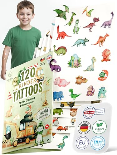 Lunablu 120 Hudvänliga Barntatueringar [Dermatologiskt Certifierade] Gjorda i Tyskland | Present för Barn | Barntatueringar för Pojkar och Flickor | Tatuering - Dinos & Byggmaskiner