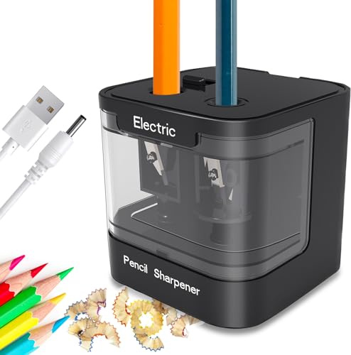 ARPDJK Electric Pencil Sharpener Elektrischer Anspitzer mit Behälter, USB Batteria Doppelloch Tragbar Elektronisch Automatisch Elektrisch Spitzer Bleistiftspitzer für Kinder und Erwachsene, Schwarz