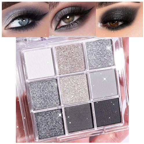 Palette d'ombres à paupières à paillettes 9 couleurs gris argenté, gris fumé noir et argent blanc brillant pour femmes plus âgées, hautement pigmentée et imperméable (Gris)