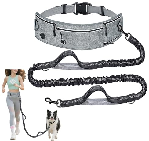 Guinzaglio da jogging per cani con cintura addominale, guinzaglio per cani, a mani libere, per cani di grossa taglia, cintura da corsa, jogging, guinzaglio riflettente per jogging (grigio)