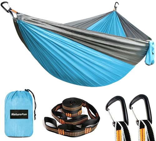 NATUREFUN Ultralätt hängmatta för resor | 300 kg lastkapacitet, andas, snabbtorkande, bärbar hängmatta | 2 x premium karbinhakar och 2 x nylonband ingår | utomhus, inomhus, trädgård