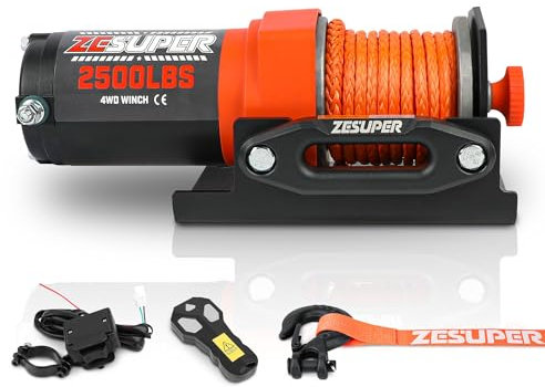 ZESUPER 2500 lb 12V DC Electric Winch 30 ft Synthetic Rope Off Road Waterproof UTV ATV Boat Winch Kits with Wireless Remote,Handheld Switch