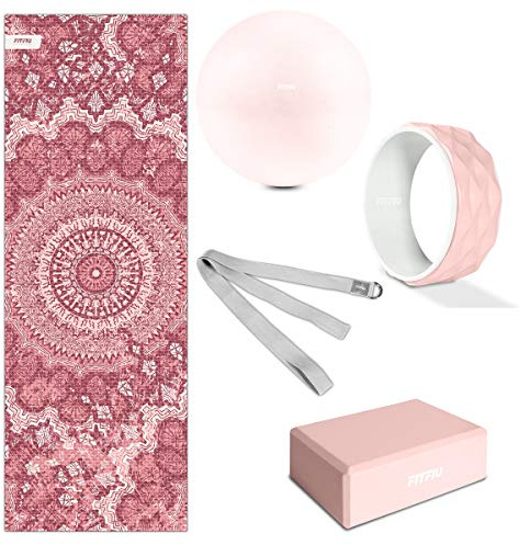 Fitfiu Fitness KITWELL-500 Pack de 5 Accesorios Yoga Pilates Color Rosa con Esterilla, Bloque, Rueda, Correa y Pelota Incluye Guía de Ejercicios Wellness