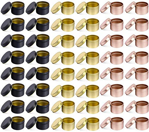 48 PCS 5 OZ latas con tapas decorativas de Metal redondo vela frascos a granel reutilizable vela contenedores de bricolaje arte manualidades suministros (5OZ,16PCS Black+16PCS Gold+16PCS RoseGold)