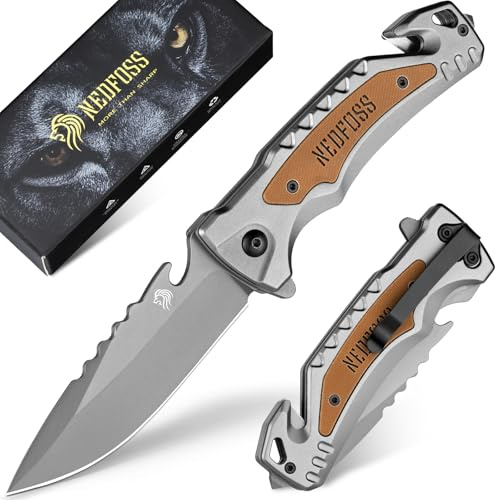NedFoss DA169 Pocket Knife for Men Women, 4 in 1 Pocket Folding Tactical Knives, Survival Knife with Seat Belt Cutter, Glass Breaker, Bottle Opener Camping Knives, Cool Hunting knife for Men Knives, Mens Stocking Stuffers Fathers Day Gift for Dad (Grey)