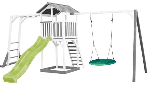 AXI Beach Tower Wooden Play Tower in Grey and White | Play tower with Sandpit, climbing frame, nesting swing and lime green slide | Play house on stilts for the garden