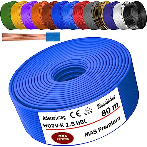 MAS Premium Von 5 bis 100m Aderleitung H07 V-K 1x1,5 mm² SW HBL GNGE GN RT DBL BR OR GR WS VIO U-MAR.BL RS RTWS DBLWS oder GE Einzelader flexibel (Hellblau, 80m)