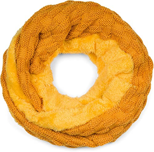 styleBREAKER warmer Feinstrick Loop Schal mit Flecht Muster und sehr weichem Fleece Innenfutter, Schlauchschal, Unisex 01018150, Farbe:Curry