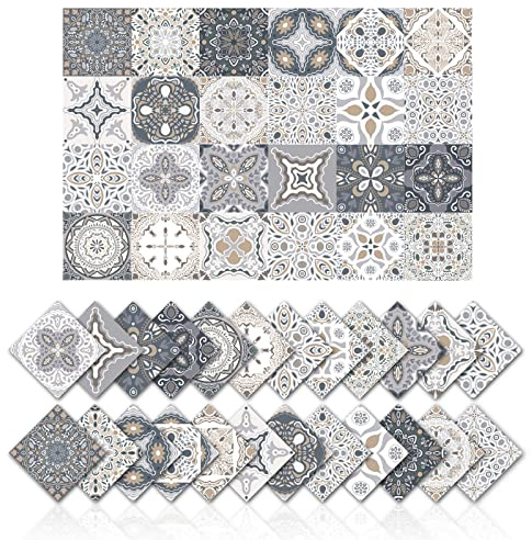 24 Stück Fliesenaufkleber Wanddekoration Badezimmer Küche bad Wandaufkleber Wasserdichte PVC Dekorationsaufkleber Selbstklebend Mosaikfliesen - DIY Retro Graue Aufkleber (20x20cm)
