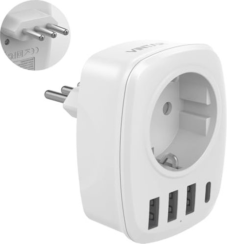 VINTAR 1PC Adaptateur Prise Italie, 5 en 1 Adaptateur de Voyage avec 3 USB Ports et 1 USB-C Port, Europe FR 2 Broches vers ITA 3 Broches pour Italie, Maldives, Chili, Uruguay, Certification CE Type L