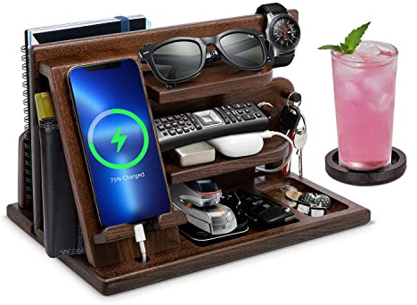 1STKER Geschenke für Männer Nachttisch Organizer Holz Telefon Dockingstation Geschenk Papa Geburtstagsgeschenk für Männer Handy Schlüssel Organizer Weihnachten Mann