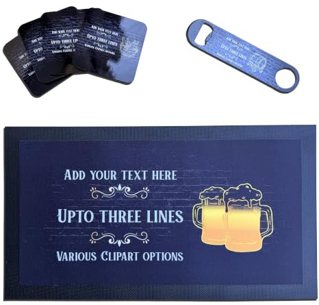 ShopQuality4U Personalise Cocktail Bar Runner Mat, Matching Bottle Opener & 4x Drinks Coasters, Gift Set | Beer Gifts Home Bar Accessories for Pub Bars Man Cave Him Her Gin Oclock