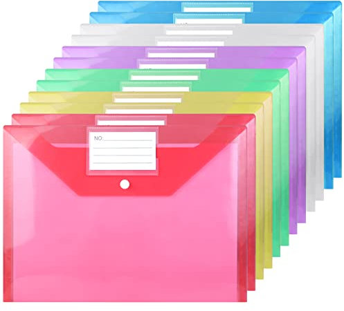 Plastic Wallets A4 - Plastic Folders with Label Pocket Popper Wallets Plastic Document File Folders - 12PCS