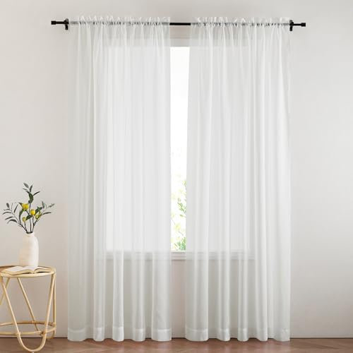 PONY DANCE White Net Curtains for Windows 84 Drop - Slot Top Semi Transparent Sheer Curtains, White Lightweight Voile Panels for Bedroom/Living Room/Nursery, Set of 2, 60 Inch Wide