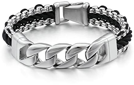 Ayoiow Männer Armband Indianer, Armreif Edelstahl Lederarmband Herren 15mm Geflochten Armband