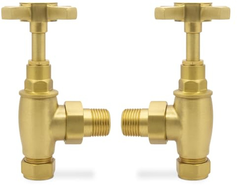 Angled Brushed Brass Crosshead Valves for Radiators & Towel Rails