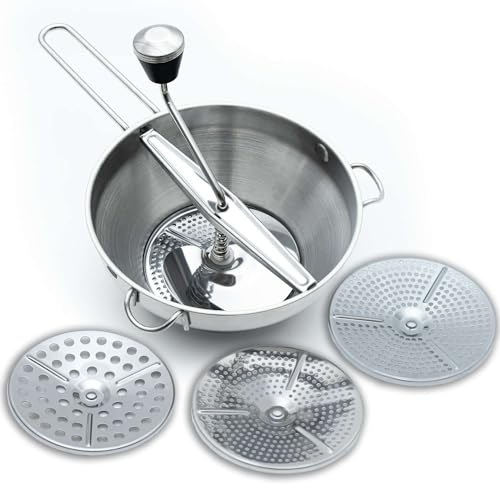 Intirilife Passier Device Stainless Steel Mill with 3 Sieve Inserts - 18.5/11.5 x 8 cm - Kitchen Puree Sieve Insert Press Dishwasher-Safe for Fruit Vegetables Baby Porridge Soup jam