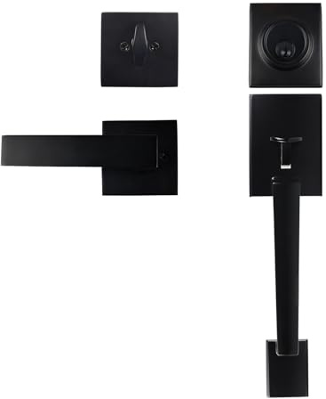 HARDHAWK Front Door Handle Set with Deadbolt Lever Black, Reversible Exterior Door Lock Set Square Adjustable Entrance Handle Set for Right Left Handed Doors Heavy Duty for Home Matte Black