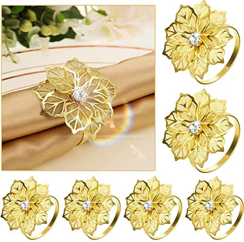 6Pcs Serviettenringe, Ausgehöhlten Blumen Servietten Halter mit Strass, Vergoldeter Makramee Servietten Ringe Set, Serviettenschnallen für Hochzeitsfeier Weihnachtsessen Jubiläum Tischdeko(golden)