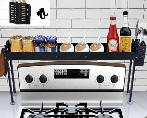 Horynar Over Stove Spice Shelf for Kitchen Spice Rack Organizer with Extra Black Basket and Hooks Great for Stove Top Shelf