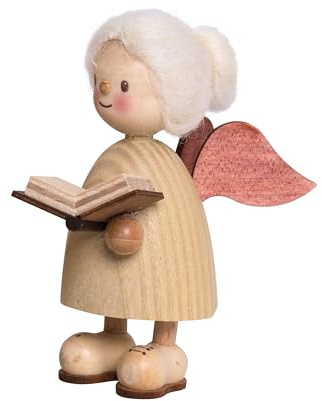 Kuhnert Drechslerei Dekoration/Holzfigur aus Massivholz mit Schafwollfrisur - Finn & Finja - Motiv: Finja als Engel mit Buch - Höhe: ca. 9cm - Made in Germany