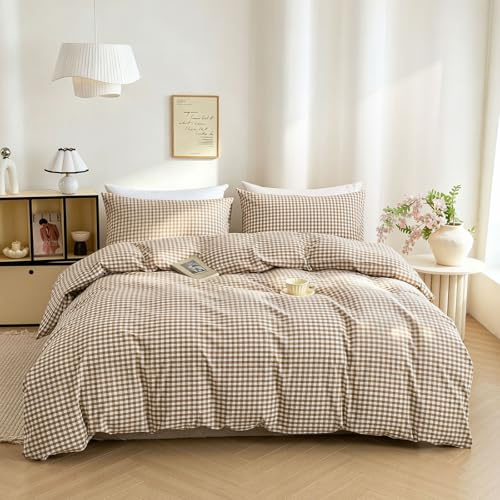 Ruccit Tan Gingham Duvet Cover Sets Double 100% Washed Cotton Beige Plaid Grid Duvet Cover Double Bed Checkered Pattern 3PCS Quilt Cover Bedding Set with Zipper Closure Corner Ties,Soft,Breathable