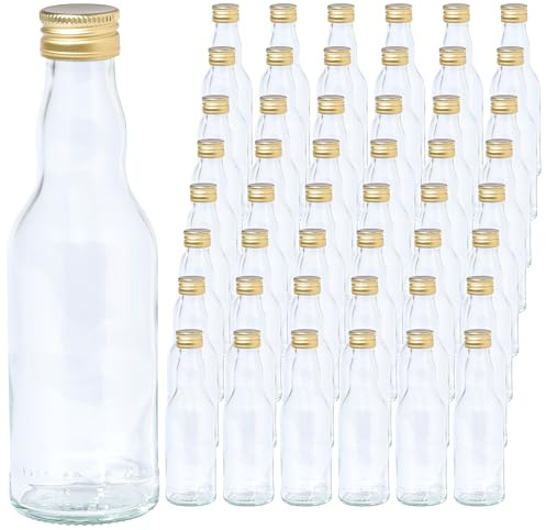 Vitrea 48 leere Glasflaschen 200ml Schraubverschluss Gold - kleine Flaschen zum Befüllen mit Deckel - für Saft, Getränke, Likör, Öl, Saucen, Sirup - 48 Stück, PP28, Kropfhals