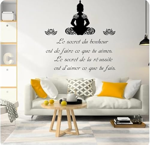 Sticker mural avec citation de Bouddha Lotus Le secret du bonheur Le succès est ce que vous aimez Sticker mural Chambre Salon, noir, 82 cm de haut x 80 cm de large