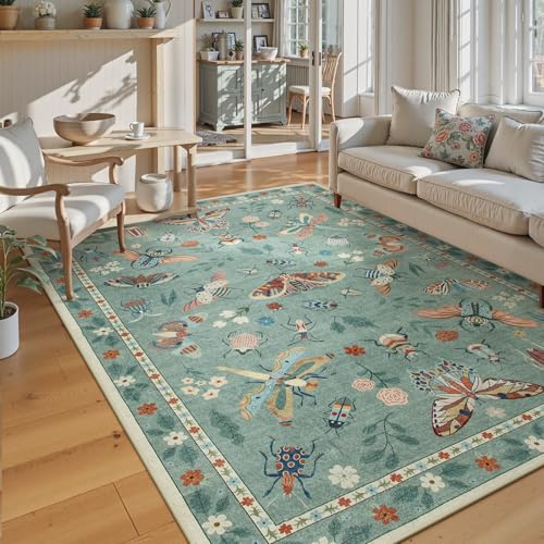 Lahome Insect Washable Area Rugs 5x7, Soft Green Rug for Living Room Bedroom Ultra-Thin Non-Shedding, Modern Stain Resistant Throw Large Carpet for Dining Room Nursery Vionnet(5'x7',Green)