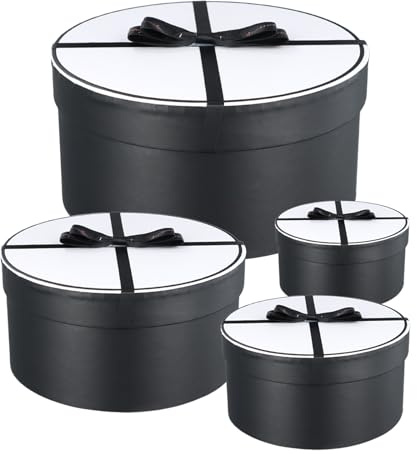 PTJJXA Geschenkbox Rund 4er-Set, Geschenkbox mit Deckel, Rund Geschenkschachtel, Runde Pappschachteln Schwarz Weiß für Geburtstag, Hochzeit