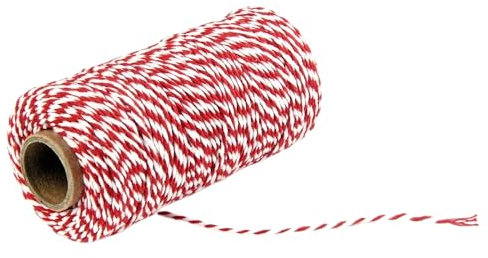 PTNKUIIY Baumwolle Schnur,3 Rollen Baumwollgarn Weihnachten Geschenke Dekoband Paketschnur, DIY Bastelschnur Bäcker Bindfäden Bäckergarn Metzgerschnur für Gartenarbeit, Dekoration -Rot weiß #2