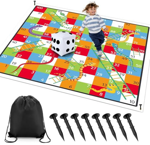 Realspring Tappetino da gioco gigante con serpenti e scale da 3 m, con 6 chiodi, dadi gonfiabili da 35,5 cm e borsa portaoggetti, gioco da tavolo, di grandi dimensioni, per interni ed esterni