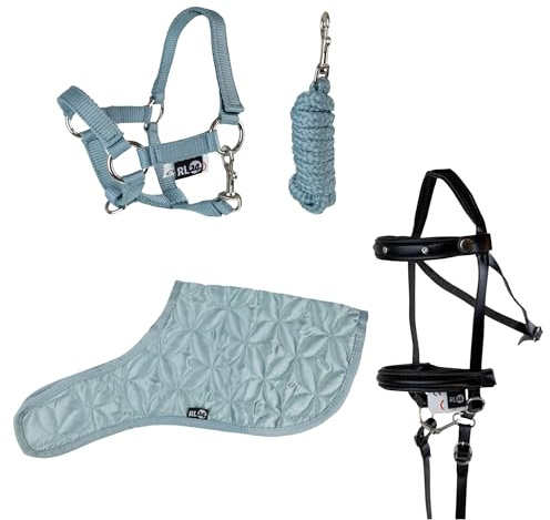 RL24 - Hobby Horse Zubehör Set (6-teilig) – Hellgrün | Halfter mit Strick & Decke – Trense in Schwarz – mehrfarbiger Transportbeutel
