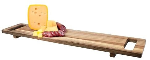 Spetebo Akazien Serviertablett rechteckig lebensmittelecht - 60 x 13 cm - Holzbrett natur mit zwei Griffen und Füßen - Servierplatte Wurstplatte Tapasplatte Küchenbrett Deko Brett