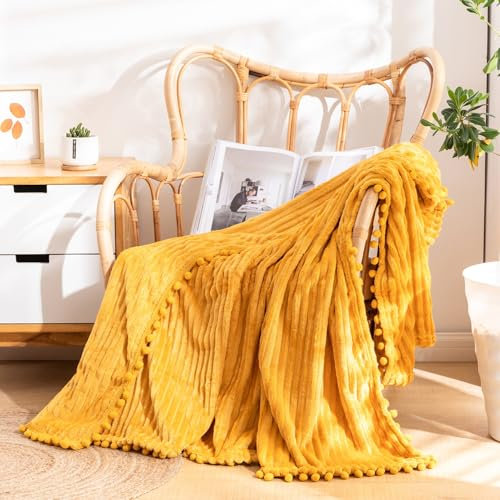 GYHH Flanell Decke Kuscheldecke Mit Pompom, Wohndecken Couchdecke Flauschig Überwurf Dick 280 G/M² Tagesdecke Sofadecke Blanket Für Couch Sofa (Yellow,230 * 230CM)