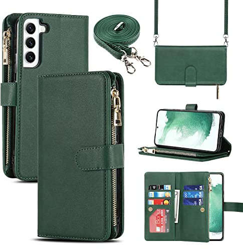 CAVOR Handykette Handyhülle Kompatibel mit Samsung Galaxy S22 Hülle Mit Band,Flip Leder Geldbörse Handytasche,[9 Kartenfach][Mit Kette],Umhängeband Klapphülle - Dunkelgrün