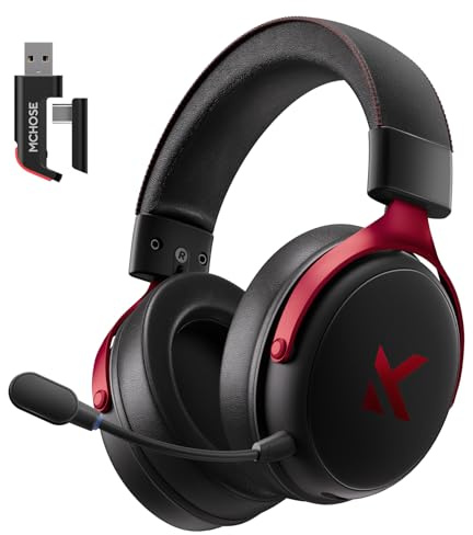 MCHOSE V9 Pro Casque de jeu sans fil avec microphone antibruit pour PC PS4 PS5 Switch Mac 2,4 GHz BT 3.0 Son surround stéréo 7.1 Batterie 210 heures Noir et rouge